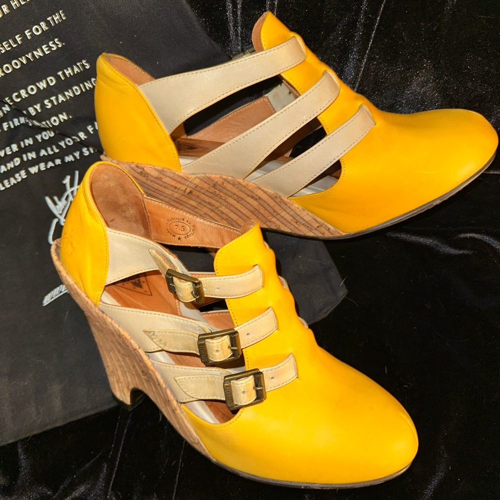 John Fluevog Vintage Yellow Leather And Cork Pindown Farrah High Heel Shoes Sz 7